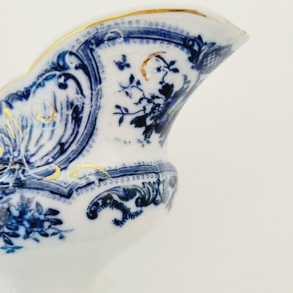 J&G Meakin York Flow Blue Gravy Boat, Embossed, Gold Accents, Floral Swags - Picture 4 of 13